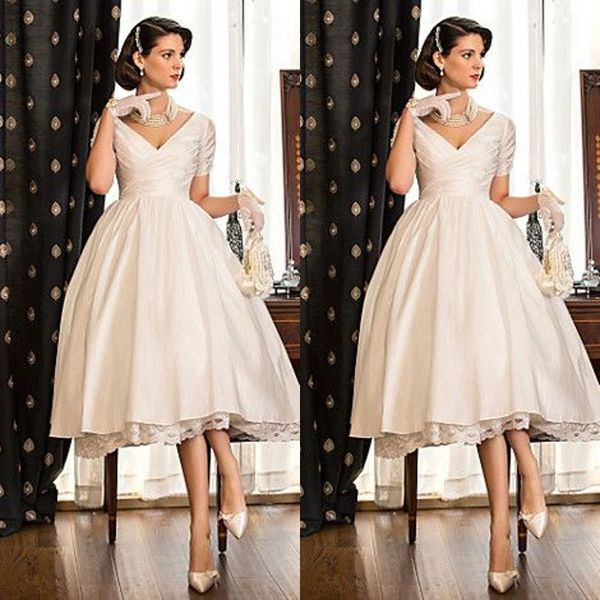 2015 elegant tea length wedding dresses v-neck capped sleeves lace satin puffy wedding gowns custom made short bridal gowns, White
2015 elegant tea length wedding dresses v-neck capped sleeves lace satin puffy wedding gowns custom made short bridal gowns, White