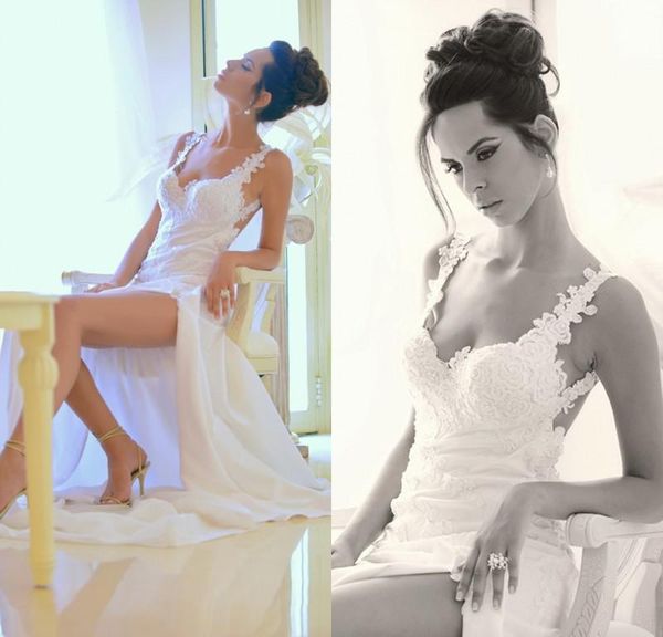new style lace chiffon backless wedding dresses spaghetti straps appliques side slit sheath court train bridal gowns custom made w587, White
new style lace chiffon backless wedding dresses spaghetti straps appliques side slit sheath court train bridal gowns custom made w587, White