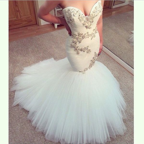 crystal bead sequins sweetheart mermaid wedding dresses new sweetheart chapel train long bridal gowns no sleeve plus size vestidos, White
crystal bead sequins sweetheart mermaid wedding dresses new sweetheart chapel train long bridal gowns no sleeve plus size vestidos, White