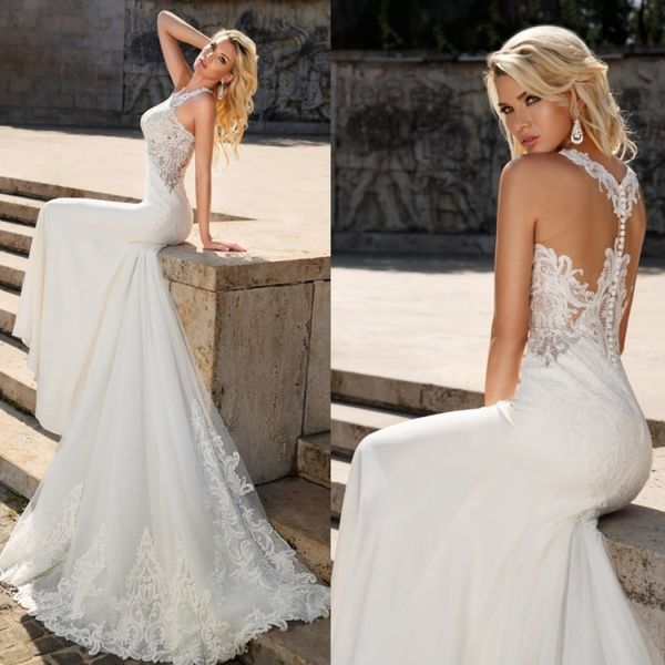 vintage bien savvy mermaid wedding dress sleeveless lace applique bridal gowns illusion court train wedding dresses vestidos custom made, White
vintage bien savvy mermaid wedding dress sleeveless lace applique bridal gowns illusion court train wedding dresses vestidos custom made, White
