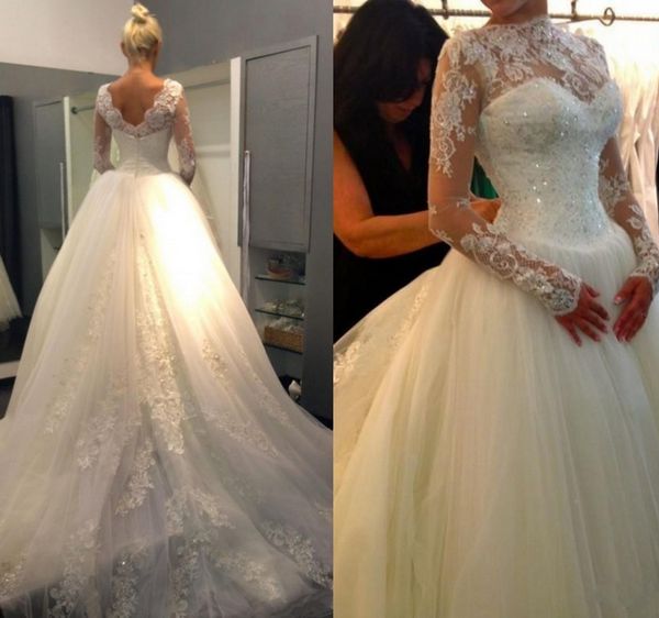 vintage wedding dresses long sleeve beaded sequined applique bateau neckline tulle ball gown princess bridal gowns custom made, White
vintage wedding dresses long sleeve beaded sequined applique bateau neckline tulle ball gown princess bridal gowns custom made, White