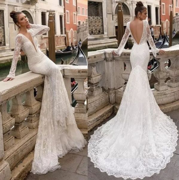 vintage full lace berta wedding dress backless mermaid sheer long sleeves plunging v neck custom made wedding gowns, White
vintage full lace berta wedding dress backless mermaid sheer long sleeves plunging v neck custom made wedding gowns, White