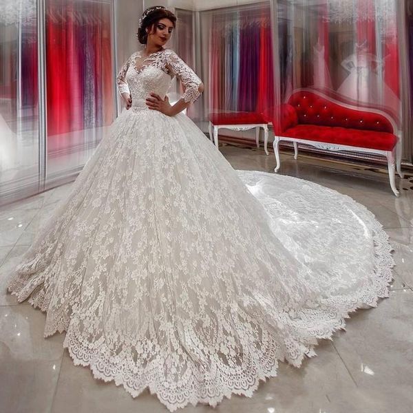 new ball gown wedding dresses sheer neck illusion three quarter sleeves lace applique beads open back sash bow cathedral train bridal gowns, White
new ball gown wedding dresses sheer neck illusion three quarter sleeves lace applique beads open back sash bow cathedral train bridal gowns, White