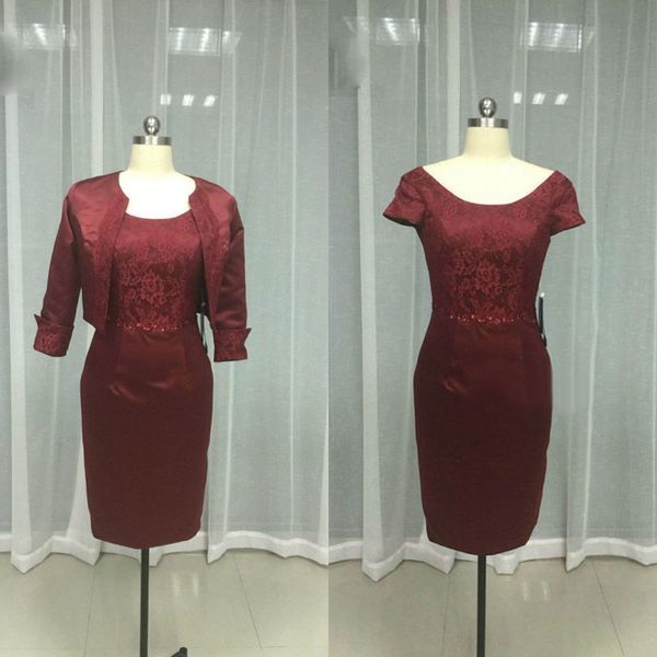 real ps 2017 burgundy lace satin knee length mother of the bride dresses with 3/4 long sleeve jackets formal dress custom en112112, Black;red
real ps 2017 burgundy lace satin knee length mother of the bride dresses with 3/4 long sleeve jackets formal dress custom en112112, Black;red