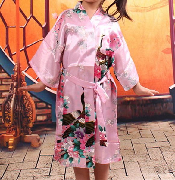Girls Royan Silk Robe Satin Pajama Gown Peacock Lingerie Sleepwear Kimono Bath Gown Pjs Nightgown 5 Colors#3765