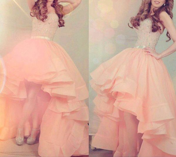 ball gown layered coral prom dresses high low strapless beaded shiny women gowns organza 2016 wedding party gowns, Black
