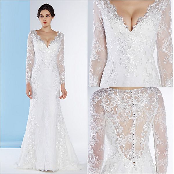 2016 sale fashion custom made trumpet/mermaid ivory sweep/brush train v-neck long sleeve buttons lace wedding dresses 008, White
2016 sale fashion custom made trumpet/mermaid ivory sweep/brush train v-neck long sleeve buttons lace wedding dresses 008, White