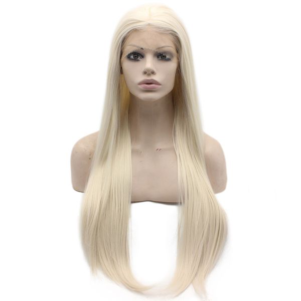 long straight light blond heat friendly fiber hair lace front wig, Black