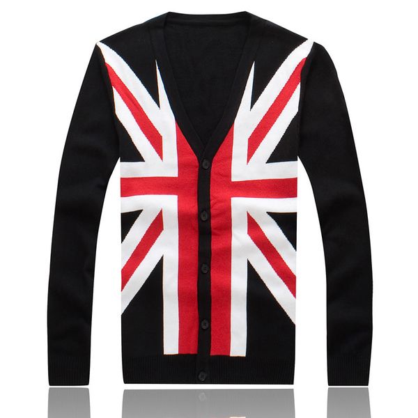 

wholesale-mens autumn winter clothing british flag print the union jack v-neck black cardigan for lover's gift, White;black