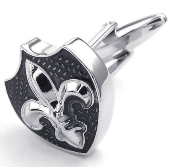 

Rhodium Plated Mens Fleur De Lis Shield Shirts Cufflinks Wedding Color Black Silver 1 Pair Set Drop Shipping