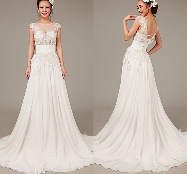 2016 new fashion discount popular ivory bateau appliques chiffon sweep/brush train sheath/column wedding dresses 101, White
2016 new fashion discount popular ivory bateau appliques chiffon sweep/brush train sheath/column wedding dresses 101, White