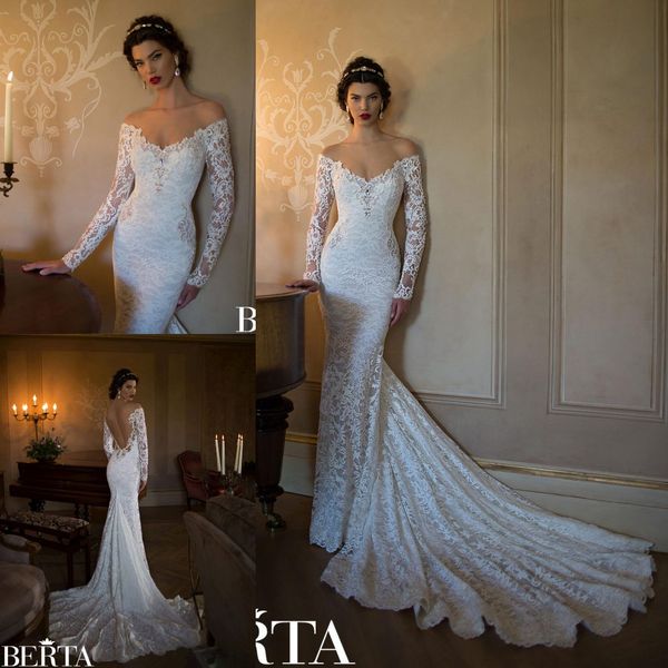 2020 berta wedding dresses sheer neck vintage lace bridal gowns long sleeves trumpet backless bride dress, White
2020 berta wedding dresses sheer neck vintage lace bridal gowns long sleeves trumpet backless bride dress, White