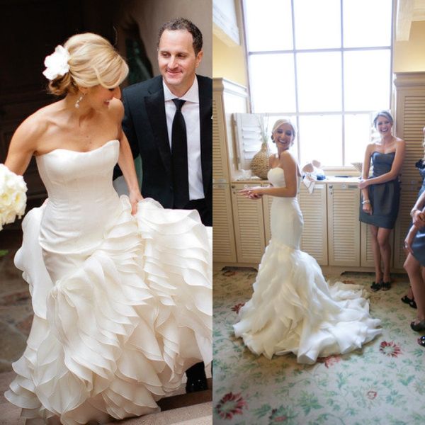 unique ruffled wedding dresses mermaid strapless fit and flare tiered skirt court train bridal gowns layers plus size custom made, White
unique ruffled wedding dresses mermaid strapless fit and flare tiered skirt court train bridal gowns layers plus size custom made, White