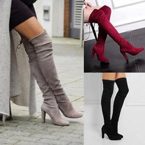 

H 48 cm Winter Women Fashion Boots High Heels Over-the-knee Faux Suede Thicken Slip-on Long Boots Dress Shoes Large Size Eu 35-43 7S, Black