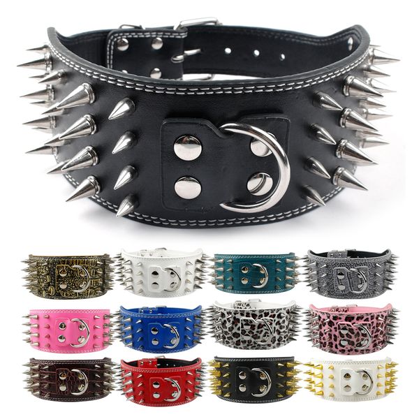 3" Wide Spiked Leather Dog Collars 4 Rows Spikes 10 Colors For M L Breeds Pet