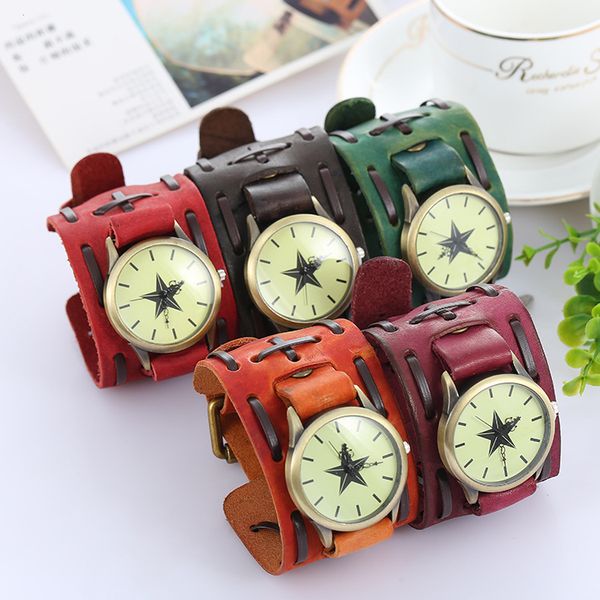 pentagram vintage genuine leather bracelet watch punk men teens quartz wristwatch cuff bangle party festive gift three dials watches, Slivery;brown
pentagram vintage genuine leather bracelet watch punk men teens quartz wristwatch cuff bangle party festive gift three dials watches, Slivery;brown