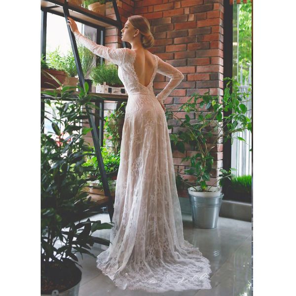 2020 lace a-line wedding dresses long sleeves v-neck backless boho bridal gowns vestido de novia, White
2020 lace a-line wedding dresses long sleeves v-neck backless boho bridal gowns vestido de novia, White