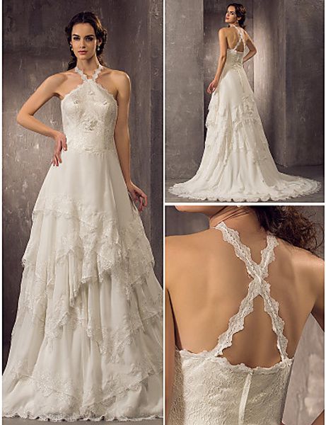 2016 new fashion classic popular ivory court train halter tieres chiffon/lace sheath/column wedding dresses 145, White
2016 new fashion classic popular ivory court train halter tieres chiffon/lace sheath/column wedding dresses 145, White