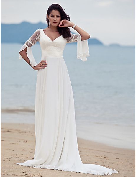 2016 new fashion popular elegant ivory sweep/brush train v-neck 3/4 length poet sleeve chiffon sheath wedding dresses 304, White
2016 new fashion popular elegant ivory sweep/brush train v-neck 3/4 length poet sleeve chiffon sheath wedding dresses 304, White