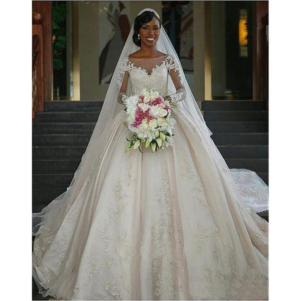 lace ball gown wedding dresses chapel train sheer neck long sleeve vestido de noiva bridal gowns, White
lace ball gown wedding dresses chapel train sheer neck long sleeve vestido de noiva bridal gowns, White