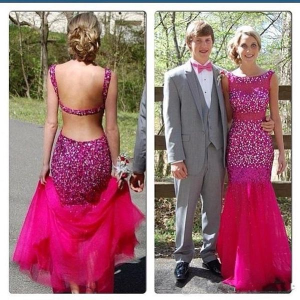 2021 sparkly fushcia mermaid prom dresses scoop sleeveless crystal beaded open backless evening gowns floor length formal party dresses, Black
2021 sparkly fushcia mermaid prom dresses scoop sleeveless crystal beaded open backless evening gowns floor length formal party dresses, Black