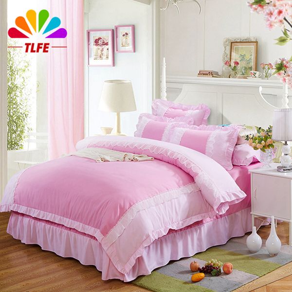

wholesale-tlfe princess lace ruffles luxury bedding set cotton bed sheet duvet cover pillowcase king  size housse de couette sjt0004