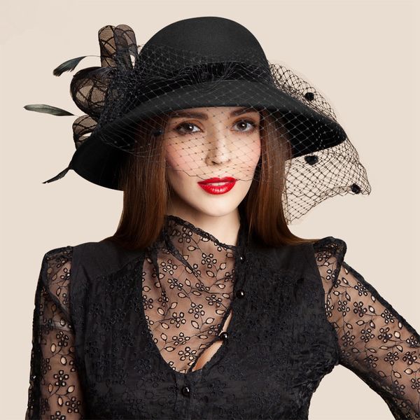 womens wool felt floral veil netting feather church dress wide brim derby hat cocktail party a322, Blue;gray
womens wool felt floral veil netting feather church dress wide brim derby hat cocktail party a322, Blue;gray