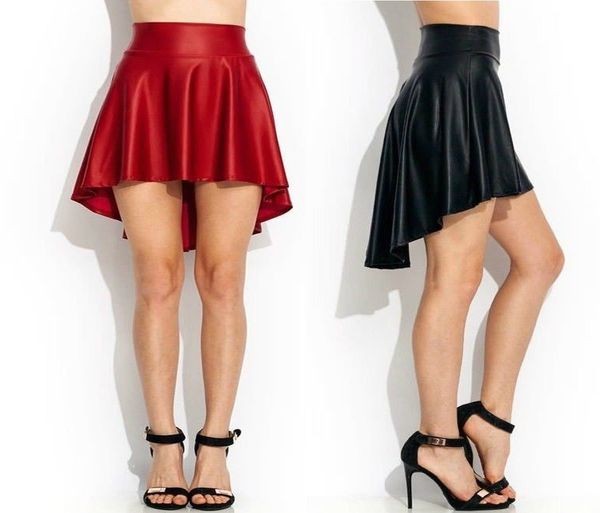 Faux Leather Black Sexy Trendy Dance Party Casual High-Low cut Skater Skirt S/M/L/XL