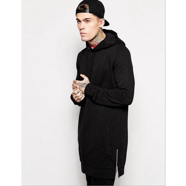 

black mens longline hoodies men fleece solid sweatshirts fashion tall hoodie hip hop side zipper streetwear extra long hiphop