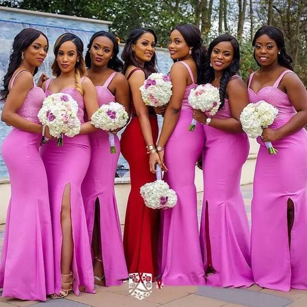 african 2018 pink satin mermaid bridesmaid dresses long spaghetti lace side split maid of honor wedding guest dress en110312, White;pink
african 2018 pink satin mermaid bridesmaid dresses long spaghetti lace side split maid of honor wedding guest dress en110312, White;pink
