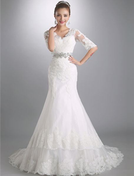new half sleeves v neck crystal lace mermaid wedding dress 2019 elegant wedding gown lace up, White
new half sleeves v neck crystal lace mermaid wedding dress 2019 elegant wedding gown lace up, White