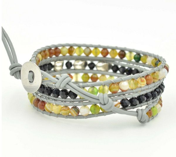 classical famous brand style natural colorful beads on gray leather 3 x wrap trendy genuine leather bracelet, Golden;silver
classical famous brand style natural colorful beads on gray leather 3 x wrap trendy genuine leather bracelet, Golden;silver