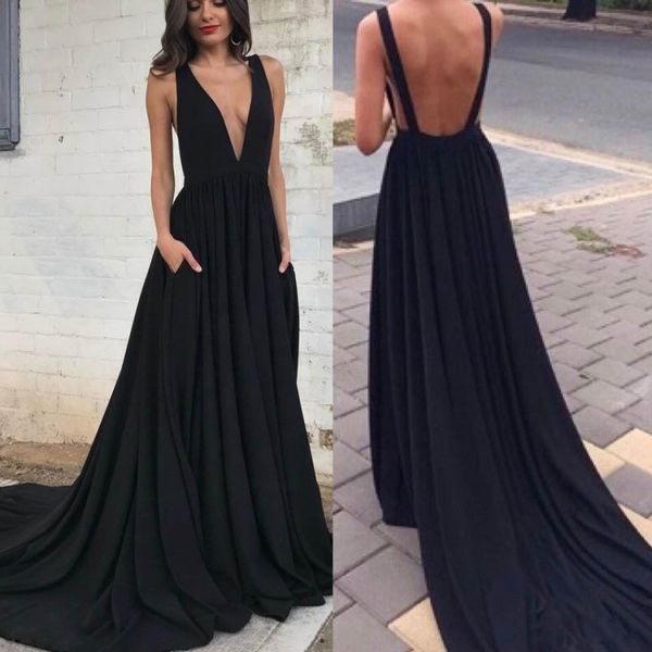 back deep v neck black prom dresses for fat ladies a line formal dress evening wear with pockets
back deep v neck black prom dresses for fat ladies a line formal dress evening wear with pockets
