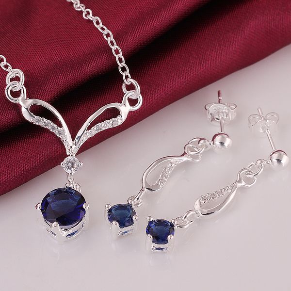 

Высокое качество стерлингового серебра 925 синий Циркон ювелирные изделия AAA Кристалл Камень ожерелье + серьги комплект ювелирных изделий
