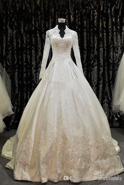 2019 royal style modest ivory wedding dresses long seeve v-neck beaded lace satin a-line bridal gowns chapel train custom made w815, White
2019 royal style modest ivory wedding dresses long seeve v-neck beaded lace satin a-line bridal gowns chapel train custom made w815, White