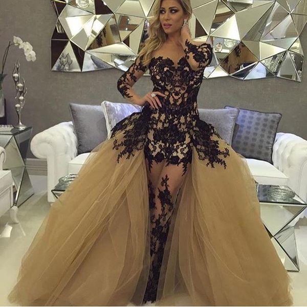black lace applique sheer illusion long sleeve mermaid gorgeous evening dresses champagne tulle prom dress arabic vestidos chic, Black;red
black lace applique sheer illusion long sleeve mermaid gorgeous evening dresses champagne tulle prom dress arabic vestidos chic, Black;red