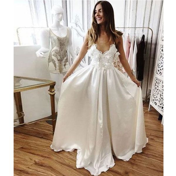 a line satin lace spaghetti straps prom dresses white v neck lace appliques long evening gown, Black
a line satin lace spaghetti straps prom dresses white v neck lace appliques long evening gown, Black