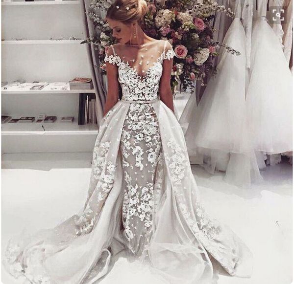 romantic mermaid appliqeus tulle wedding dresses detachable bridal gowns 2016 illusion capped sleeves luxury hand made flowers wedding gowns, White
romantic mermaid appliqeus tulle wedding dresses detachable bridal gowns 2016 illusion capped sleeves luxury hand made flowers wedding gowns, White