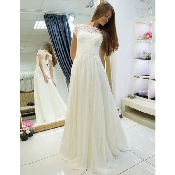 new arrival beach wedding dresses short sleeve sheer neck appliques floor length bridal gowns vestido de novia, White
new arrival beach wedding dresses short sleeve sheer neck appliques floor length bridal gowns vestido de novia, White