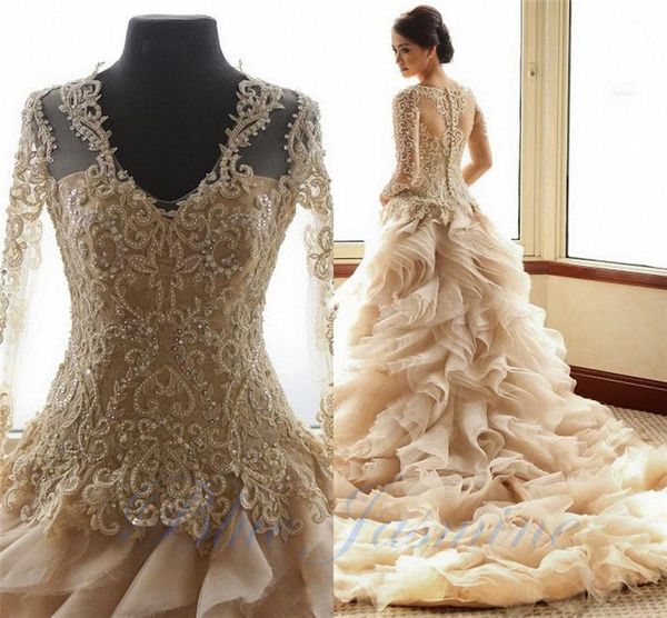stunning lace applique bead wedding dresses v-neck sheer illusion long sleeve bridal gowns cascading ruffle court train bridal gowns, White
stunning lace applique bead wedding dresses v-neck sheer illusion long sleeve bridal gowns cascading ruffle court train bridal gowns, White