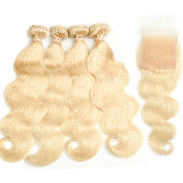 

бразильские волосы девственницы 4 пучки с закрытием #613 блондинка волна тела волосы девственницы бразильские волосы блондинка кружева закры, Black;brown