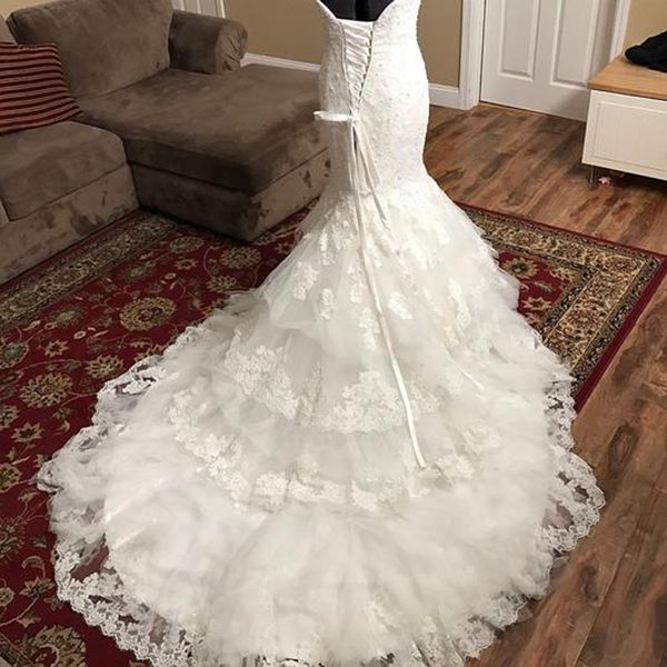 elegant mermaid wedding dress sweetheart sleeveless beads sequins lace appliques tiered tulle corset wedding dresses bridal gowns, White
elegant mermaid wedding dress sweetheart sleeveless beads sequins lace appliques tiered tulle corset wedding dresses bridal gowns, White