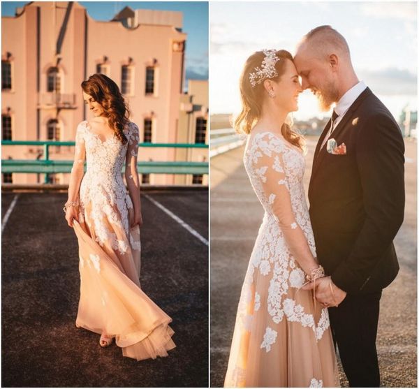 2017 vintage lace blush country wedding dresses with illusion long sleeves v neck full length lace appliqued tulle bridal gowns vestidos, White
2017 vintage lace blush country wedding dresses with illusion long sleeves v neck full length lace appliqued tulle bridal gowns vestidos, White