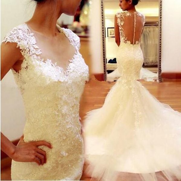 2016 selling mermaid wedding dresses crew neckline lace appliques spring brdal gowns transparent button back court train, White
2016 selling mermaid wedding dresses crew neckline lace appliques spring brdal gowns transparent button back court train, White