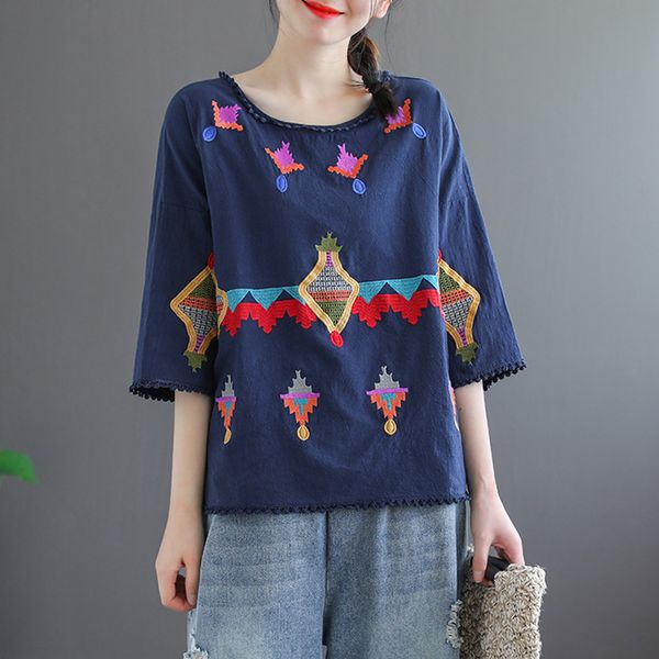 summer new artistic retro national style embroidered cotton linen half-sleeve shirt women loose round neck shirt 3710, White
summer new artistic retro national style embroidered cotton linen half-sleeve shirt women loose round neck shirt 3710, White