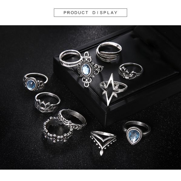 

knuckle ring set silver retro diamond engraving starry gemstone 11 piece set boho can be superimposed ring female, Golden;silver