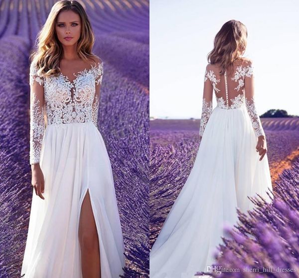 2020 summer beach milla novia high side split wedding dresses lace sheer neck a-line sweep train chiffon wedding bridal gowns custom made, White
2020 summer beach milla novia high side split wedding dresses lace sheer neck a-line sweep train chiffon wedding bridal gowns custom made, White