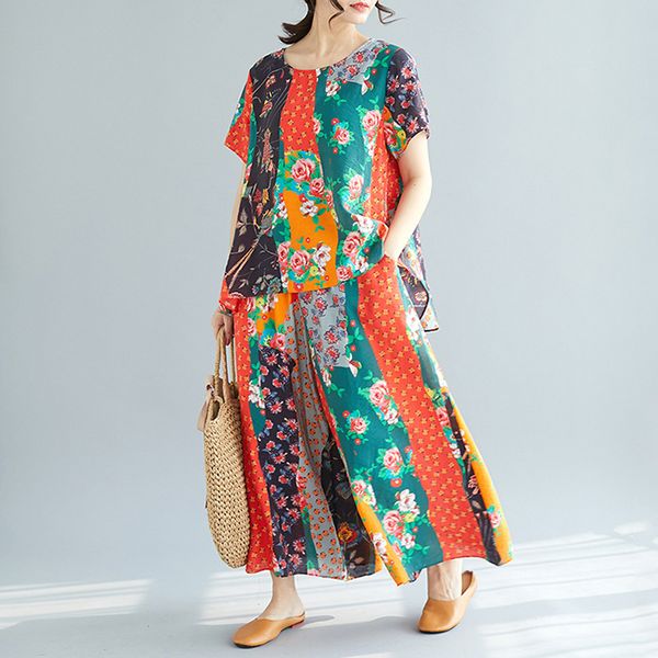 johnature summer 2019 women two piece set and pants casual korean o-neck pullover elastic waist wide leg pants print sets, White
johnature summer 2019 women two piece set and pants casual korean o-neck pullover elastic waist wide leg pants print sets, White