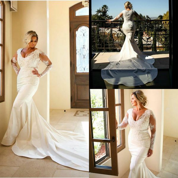 new designer plus size mermaid wedding dresses deep v-neck long illusion sleeves lace appliques bridal gowns sweep train wedding dress, White
new designer plus size mermaid wedding dresses deep v-neck long illusion sleeves lace appliques bridal gowns sweep train wedding dress, White