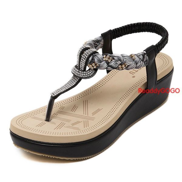 women sandals bohemia flower sum, Black